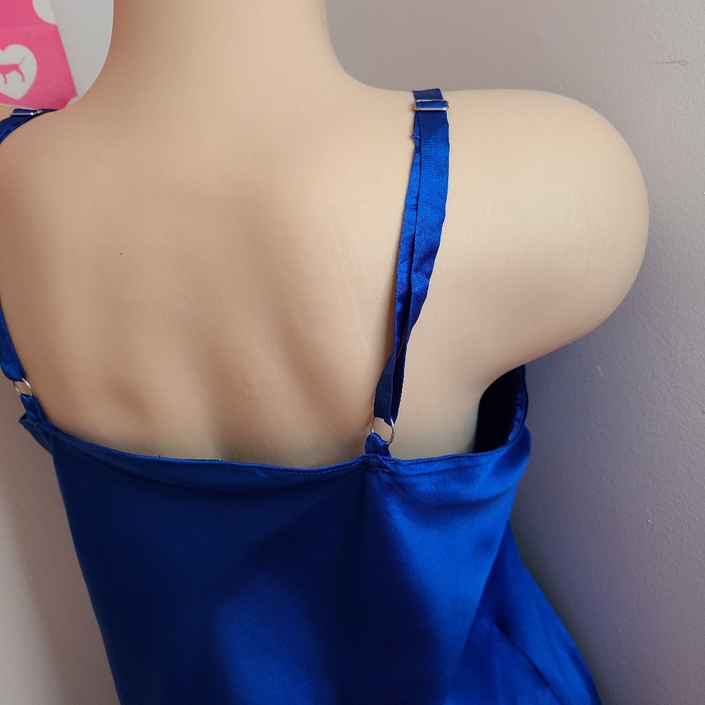 VTG Jones New York Silky Satin Lace Midi Slip Dress Size M Cobalt Blue - Picture 5 of 8